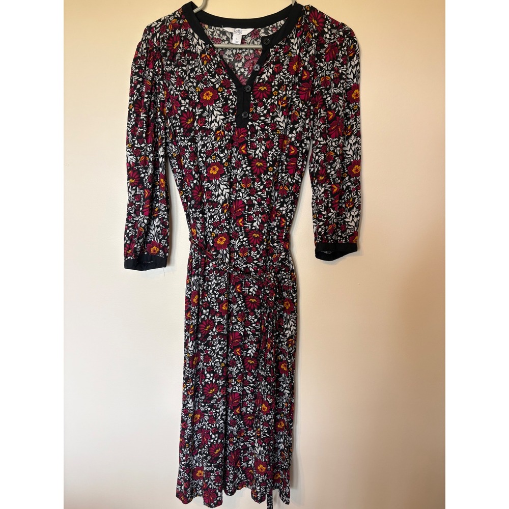 Croft & Barrow Floral Henley Midi Dress with Belt Black Pink Small